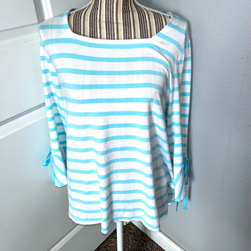 Chico’s Blue and White Striped Bell Sleeve Blouse
